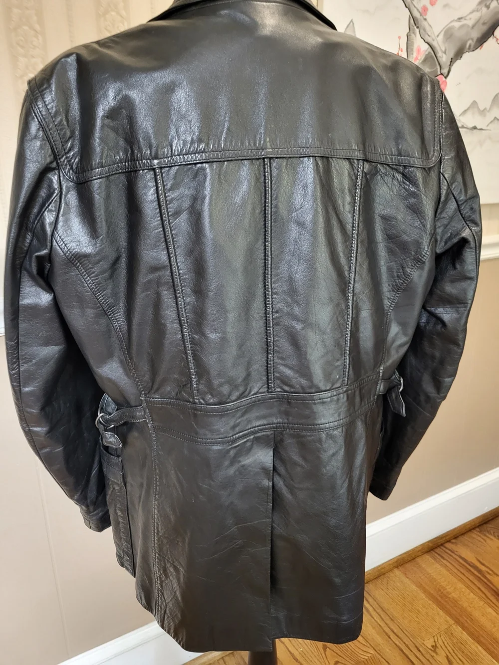 Vtg. Men's Black Leather Button-Front Trench Coat, Size 42, Meduim